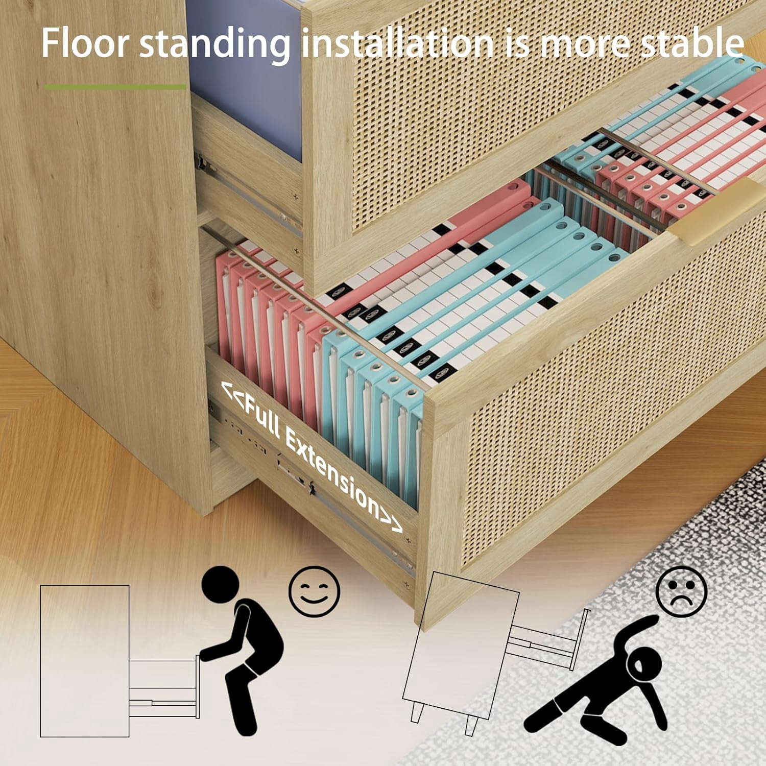 AODAILIHB File Storage Cabinet, Under Desk 2-Drawer File Cabinet, Locking Wooden Rattan File Cabinet
