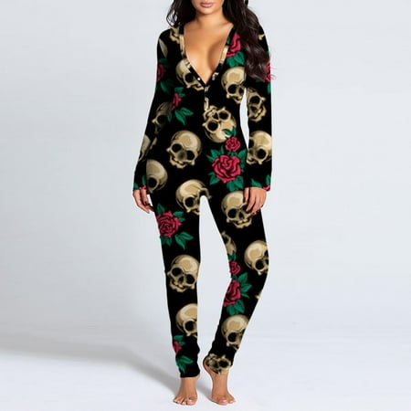 

Gifts for Christmas Bidobibo Women s Sexy Onesie Pajamas Long Sleeve V Neck Bodycon Bodysuits Butt Button Back Flap Jumpsuit Rompers Nightwear