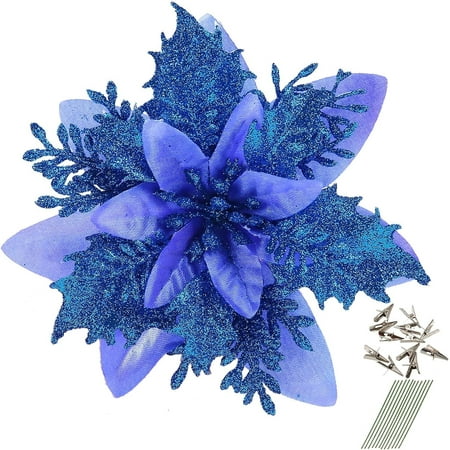 

12 Pcs Christmas Poinsettia Artificial Flowers Decorations for Christmas Wreath Tree Decoration with 12pcs Clips and Stems (Blue)