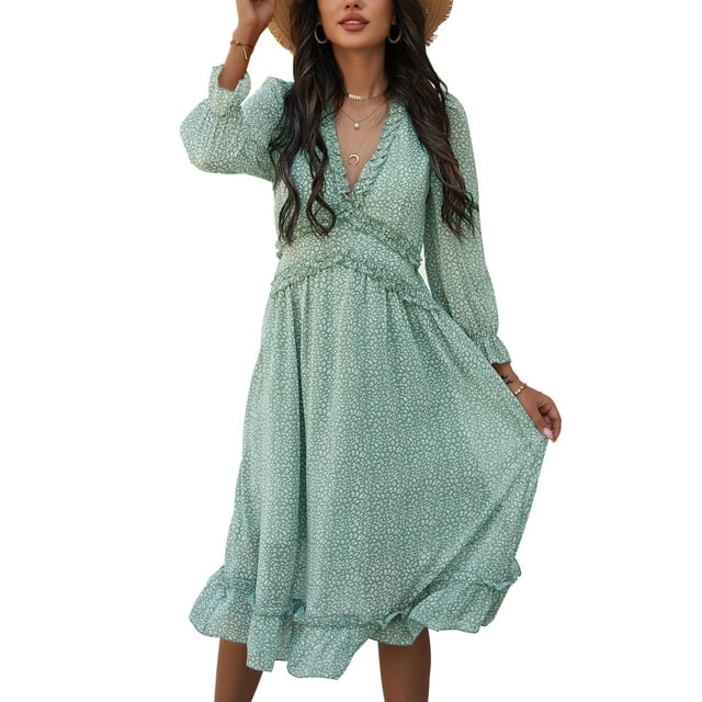 Innerwin Robes Évasées à Imprimé Floral Tunique Femme Robe d'Été Rue Double Couche Midi Fluide Vert Clair P