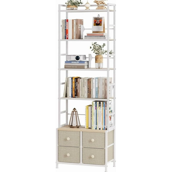 5 Tier Bookshelf, Modern Bookcase with Bookends and 4 Drawers Storage Organizer, Metal Industrial Display Shelf, Free Standing Storage Shelving Unit for Bedroom, Living Room and Home Office