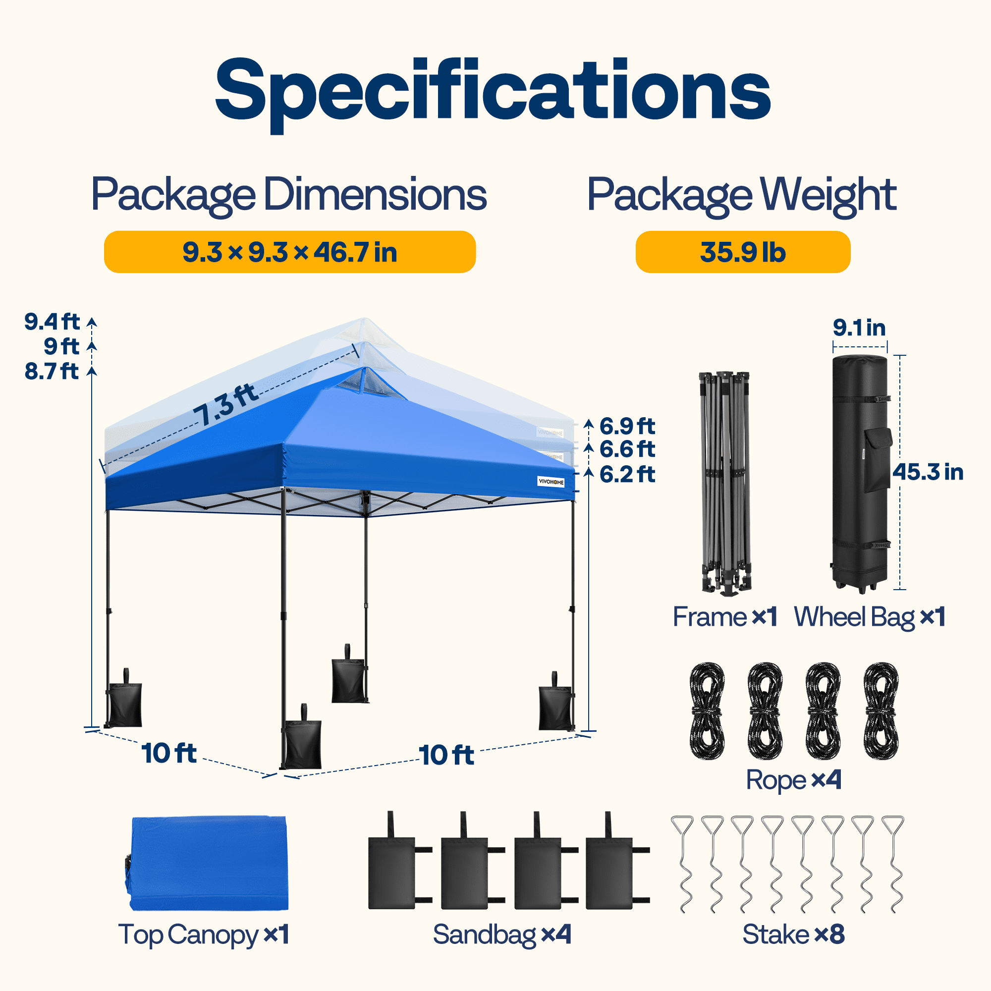 SPECSTAR 10' x10' Pop-up Canopy Tent One Push Setup Instant Tent with Center Lock, Wheel Carry Bag and 4 Sandbags for Events Parties, Blue