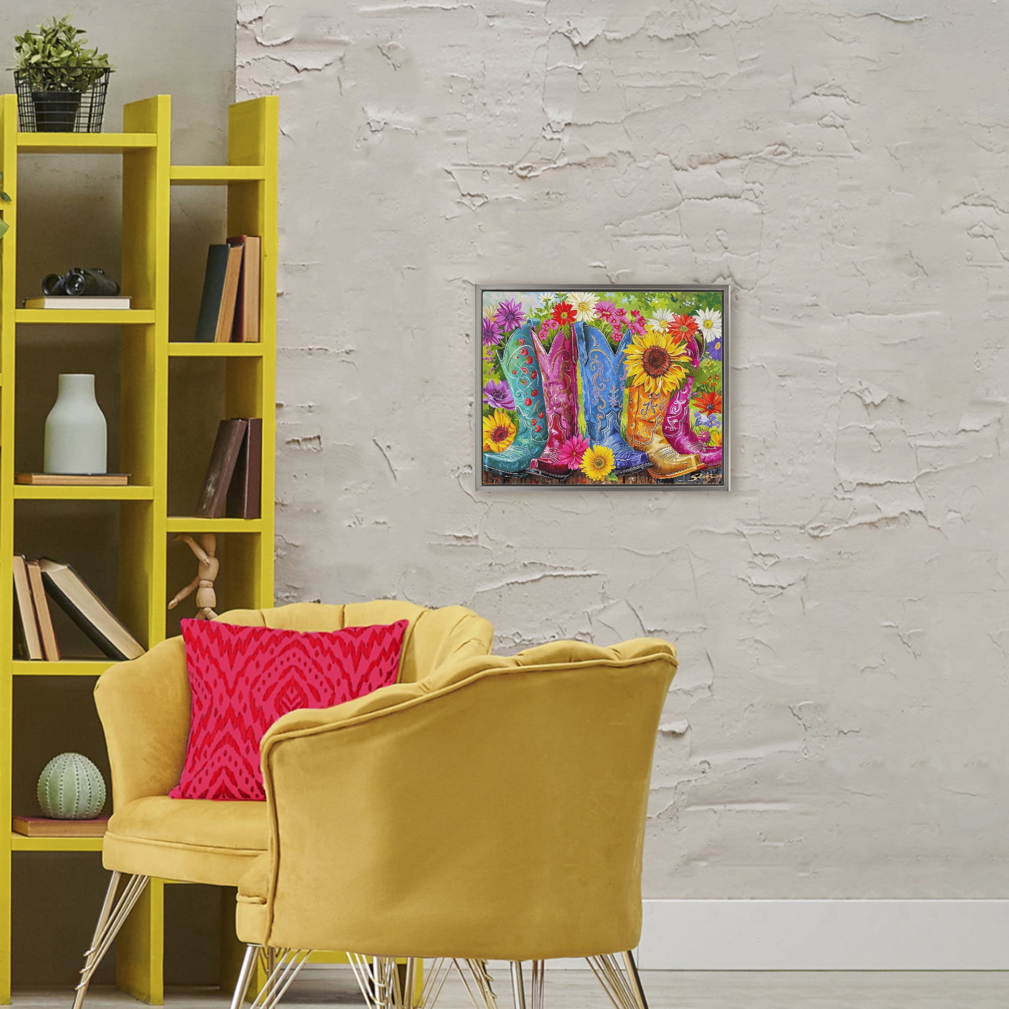 Cowboy Boots and Sunflowers Gray Framed Floater Canvas Wall Art, design by Shawna Stewart