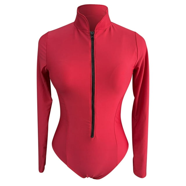 baikeli Maillots de Bain Gainants pour Femmes une-Pièce de Sport Maillot de Bain à Manches Longues Couvrance Complète Bain Modeste Surf Tenue de Plage Rouge,G