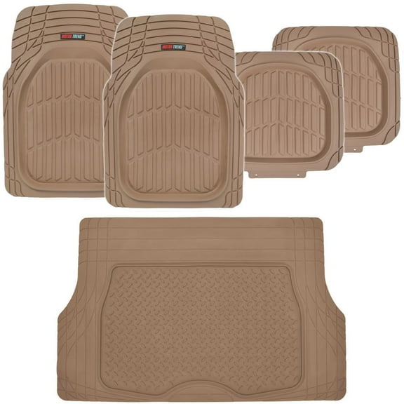 Motor Trend FlexTough Deep Dish Heavy Duty Rubber Floor Mats & Cargo Liner For Trunk All Weather (Beige) - Complete Coverage Set