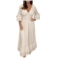 thumbnail image 4 of JUNWELL Robes en Coton et Lin pour Femmes Été Grande Taille Col en V à Volants Manches 3/4 Robe Bohème Broderie Anglaise Coupe Ajustée Ourlet à Volants Robe Maxi de Plage, 4 of 7