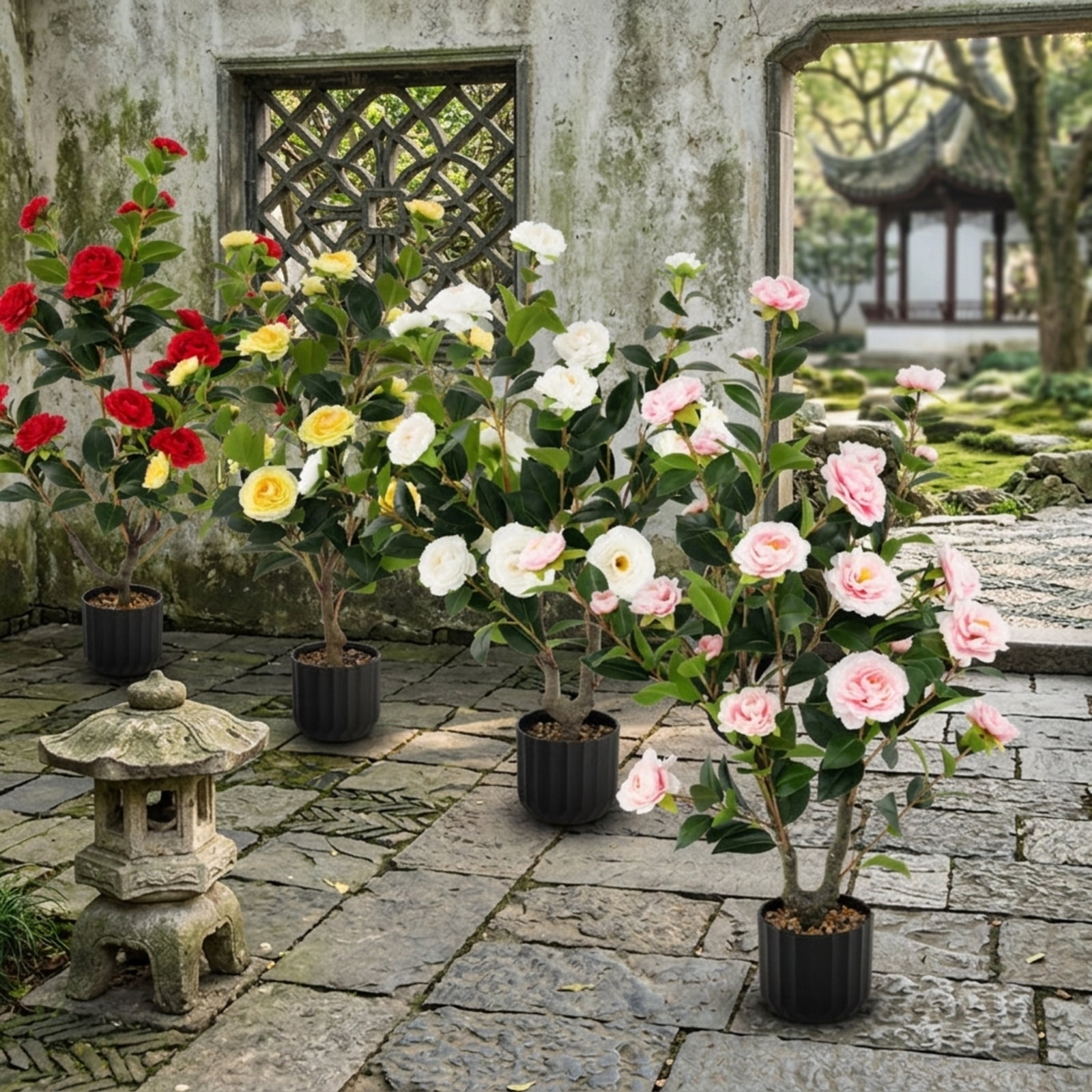 Vebreda Artificial Plant Decor, 38 Inch Artificial Camellia Tree Faux Flower Plant in Cement Pot, Gorgeous and Vivid Appearance