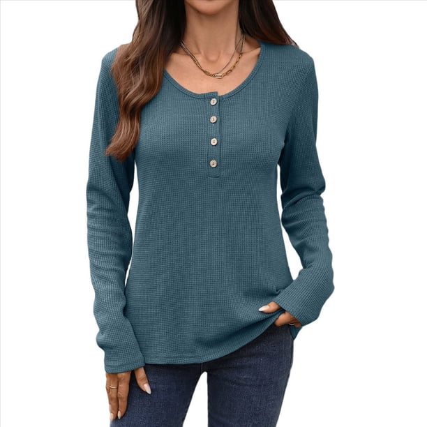 Blusas de Mujer, Corte Entallado, Cuello en V, Botones, Camisa Henley Gris Azulado XXL