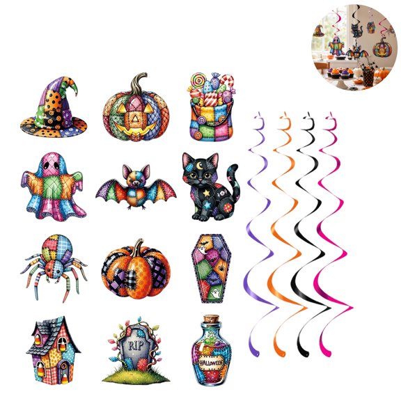 Patchwork Style Halloween Hanging Swirl Decorations, 12 Pcs Colorful Spiral Ceiling Streamers, Spooky Halloween Party Ceiling Hanging Ornaments Supplies