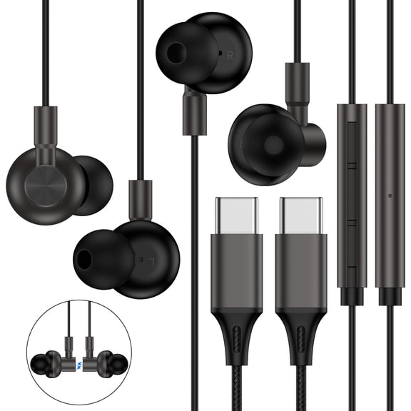 USB C Headphones Wired,2Pack Type C Wired Earphones USBC Wired Earbuds Noise Cancelling Ear Buds w/ Mic Microphone Remote Control Type C Headphone Compatible with iPhone 17 16 15 Samsung Android iPad