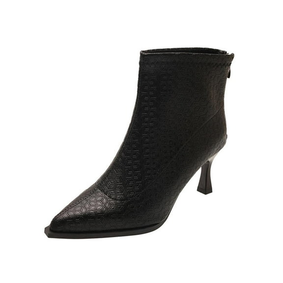 Xfvqtps Womens Leather Ankle Boots Winter Fashion Pointed Toe High Heel Boots with Side Zipper Embossed Pattern Casual Wear for Outdoor Black