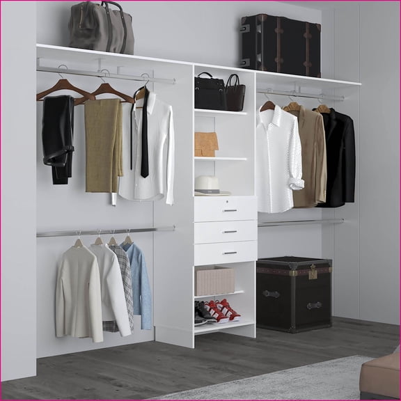 Closet System with 3 Drawers, 5 Shelves & 4 Hanging Rods | White | Engineered Wood