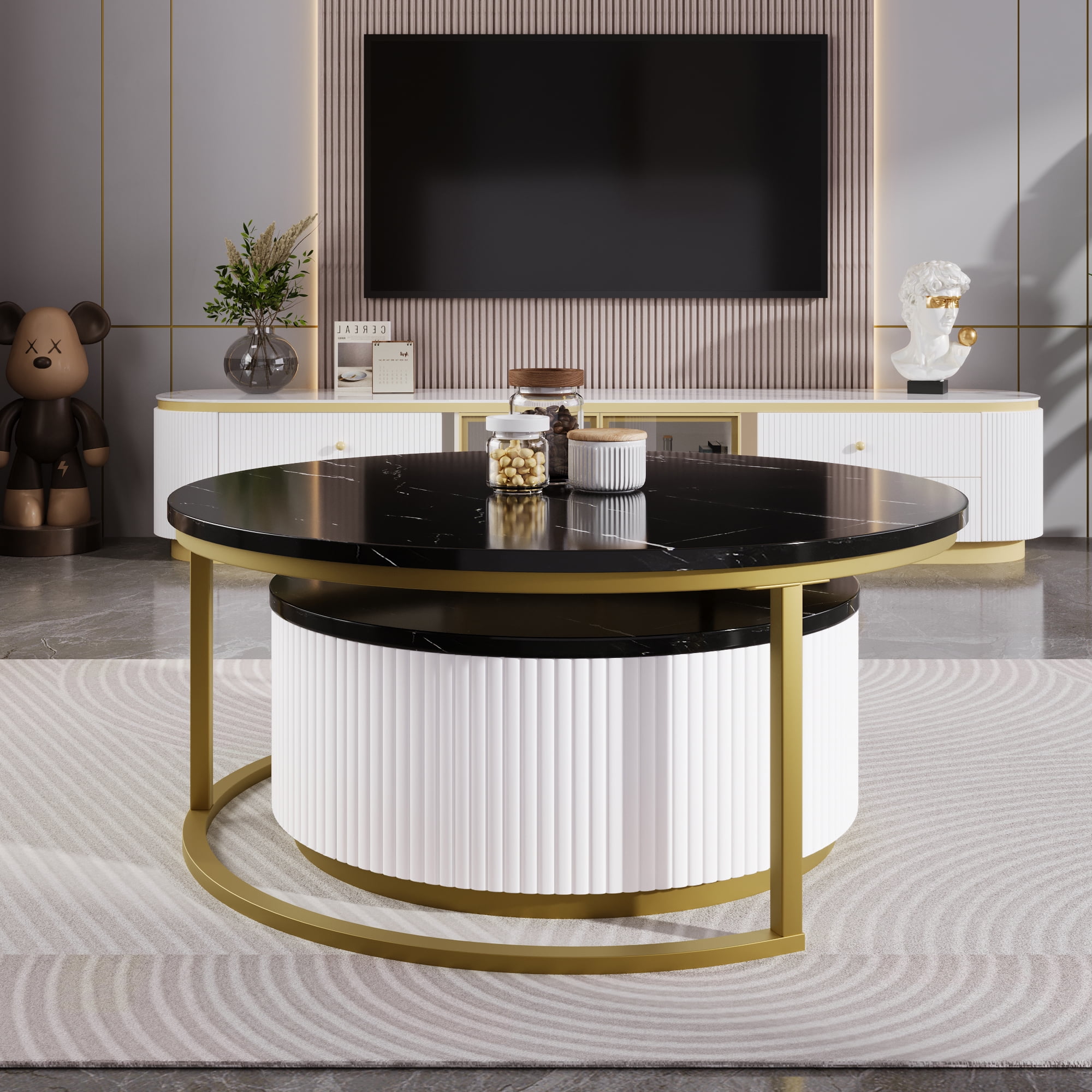 Harper & Bright Designs Gold Round Nesting Coffee Table Set of 2, Fluted Center Table with Glod Legs, Modern End Table with Drawer for Living Room