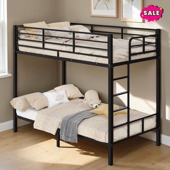 GZXS Bunk Bed Twin Over Twin Size,Metal Bed Frame with Side Ladder and Safety Guardrail,Space Saving, Black