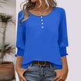thumbnail image 2 of Gmluru Women Blouses Ladies' Solid-Colored Button-Down T-Shirt with 3/4 Length Sleeves Round Neck /Shirt Plus Size Basic Tops Blue S-2XL, 2 of 8