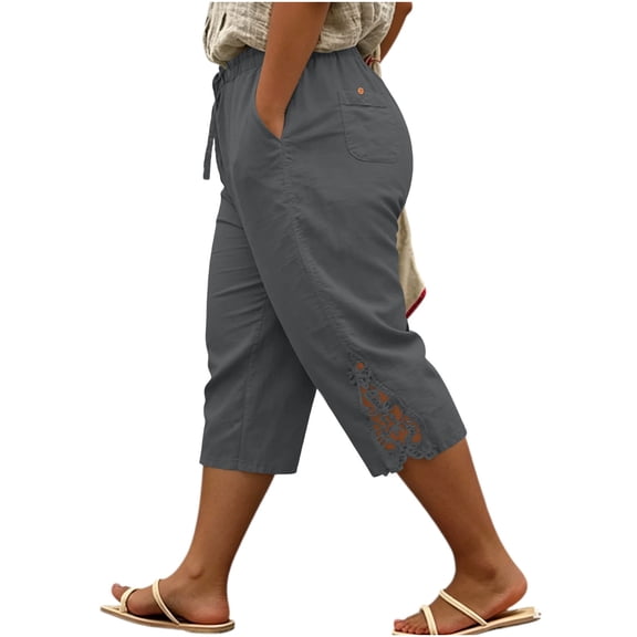 cocolona Womens Summer Casual Plus Size Capri Pants Elastic Waist Straight Lace Wide Leg Cropped Yoga Pants with Pockets