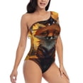 thumbnail image 3 of Uemuo Sunset Maple Tree Fox Print Women's One Piece Swimsuit Asymmetrical Neck Bathing Suit One Shoulder Side Cutout Ruffle Swimwear-Small, 3 of 6
