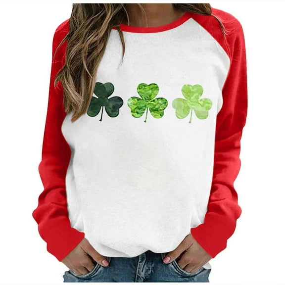 St. Patrick's Day Cute Crew Neck Sweatshirts for Women Patchwork Color Fashion Graphic Print Long Sleeve Casual Tops (Red,XL)