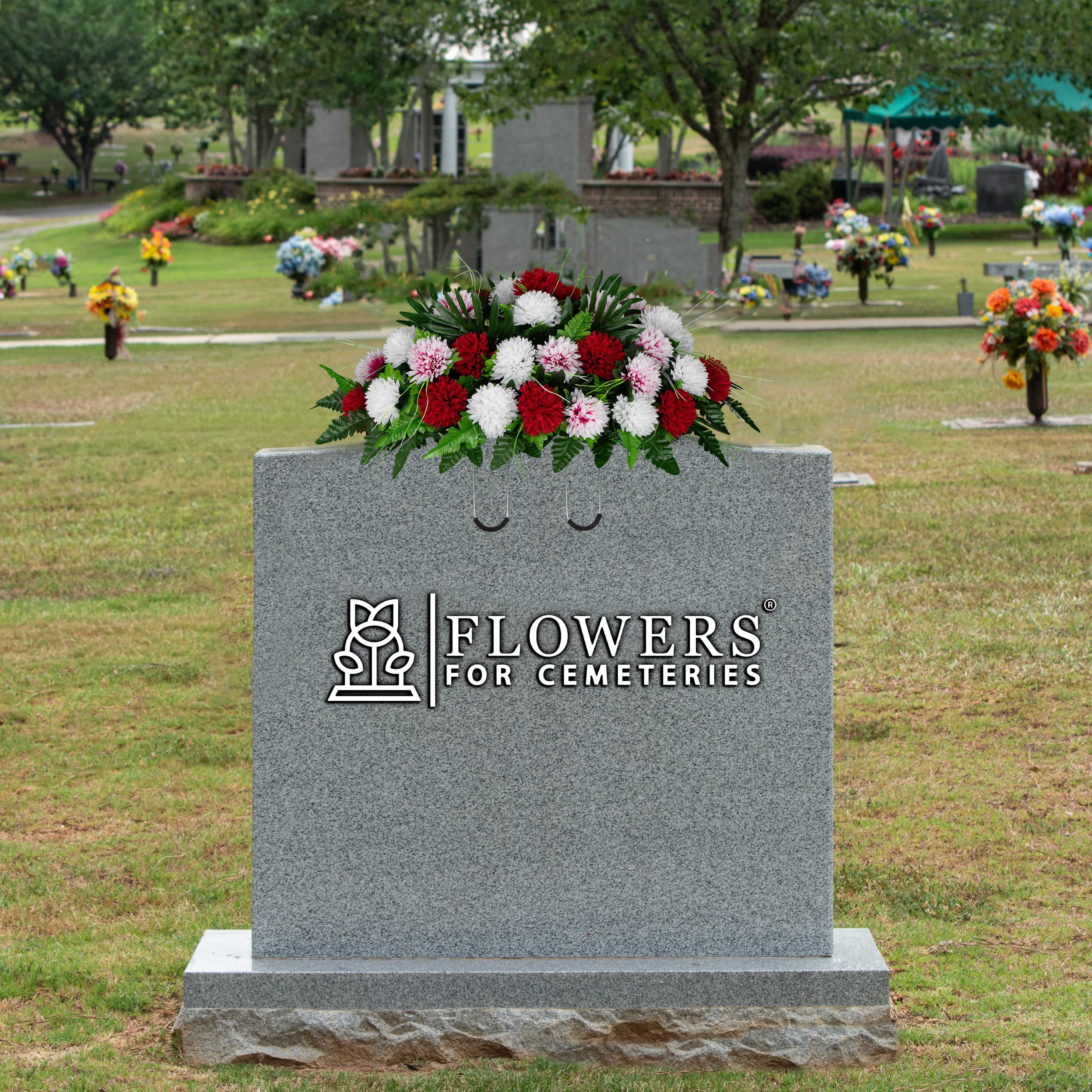 Sympathy Silks Artificial Cemetery Flowers - Red and White Mums - Saddle for Headstone
