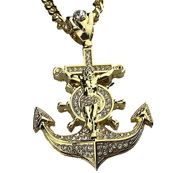 8P37 Men's Stainless Steel Gold Anchor Jesus Cross Pendant Cuban Necklace Chain 