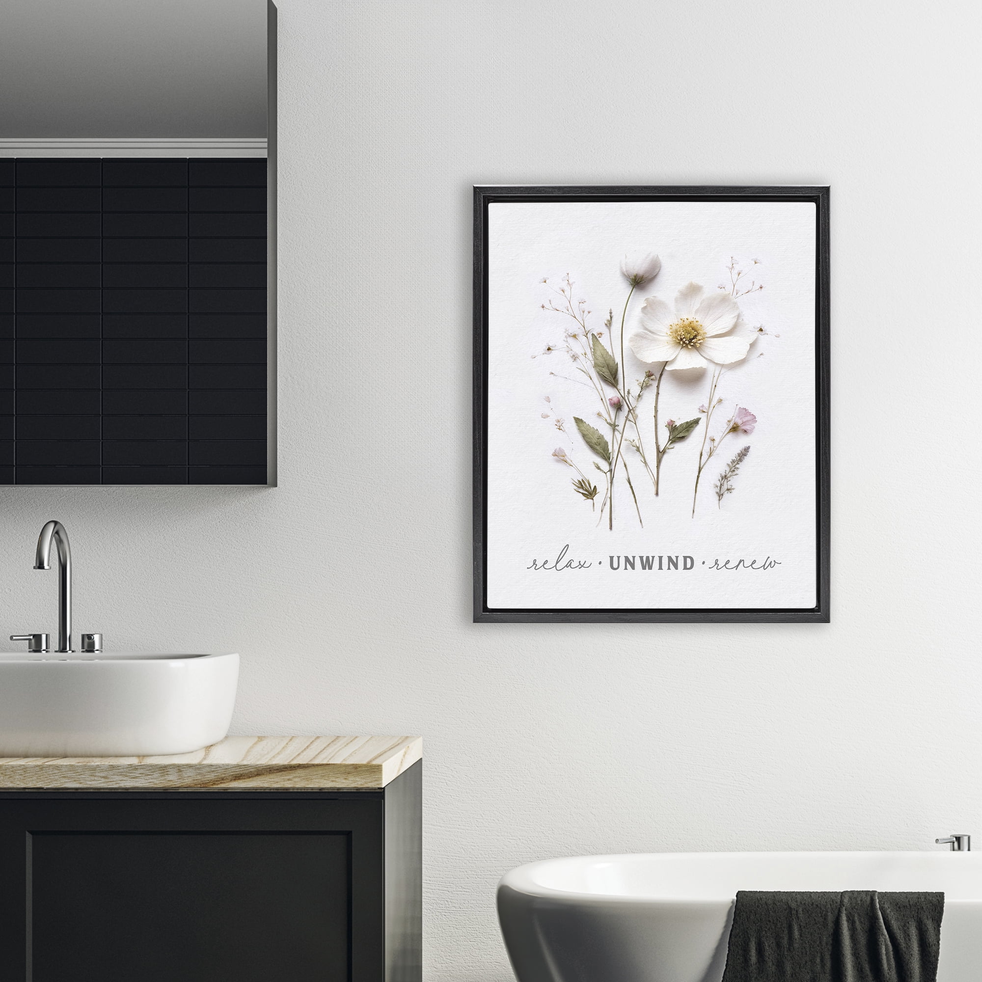 Relaxing Pressed Flowers Black Framed Floater Canvas Wall Art, design by Lettered and Lined