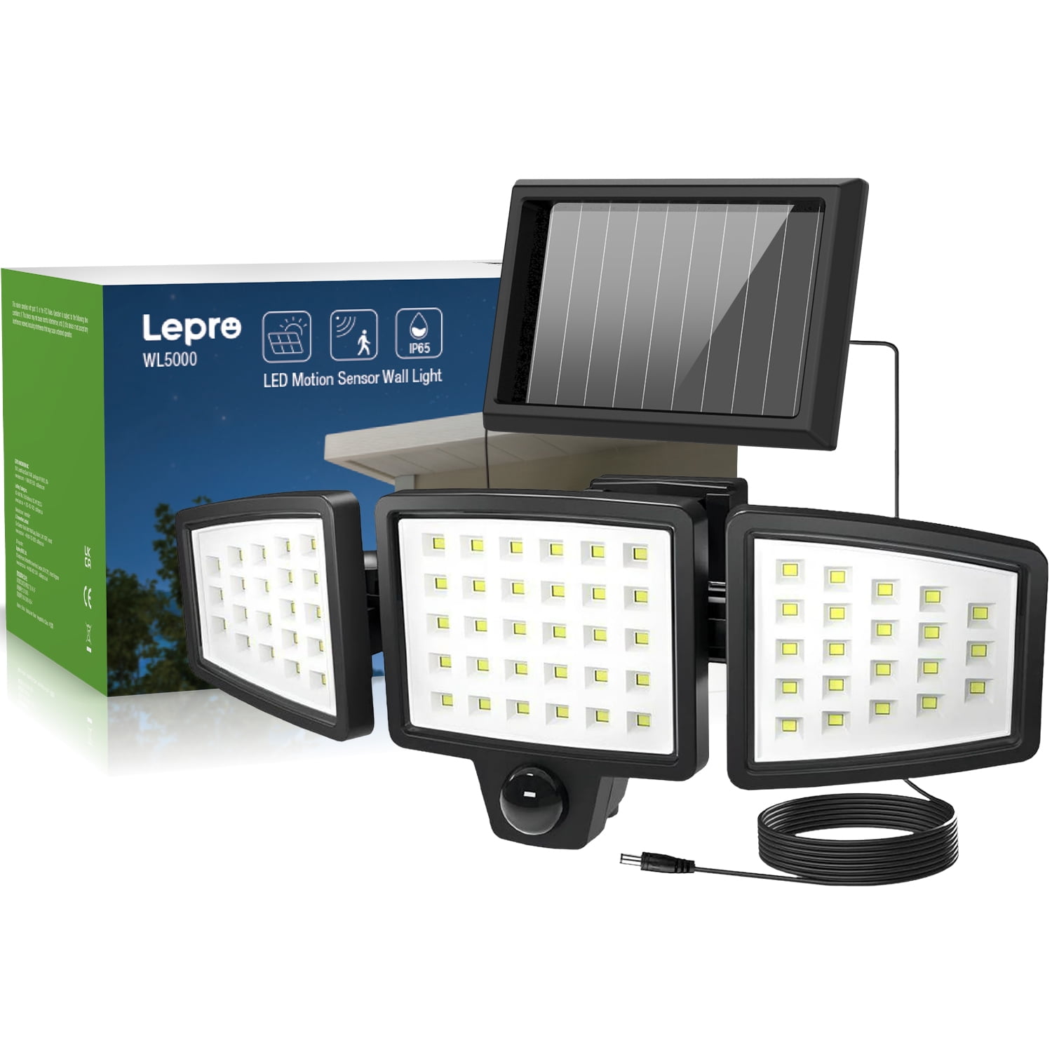 Lepro Outdoor Solar Flood Lights WL5000 Motion Activated - Separate Solar Panel - 3 Adjustable Heads - IP65 Waterproof