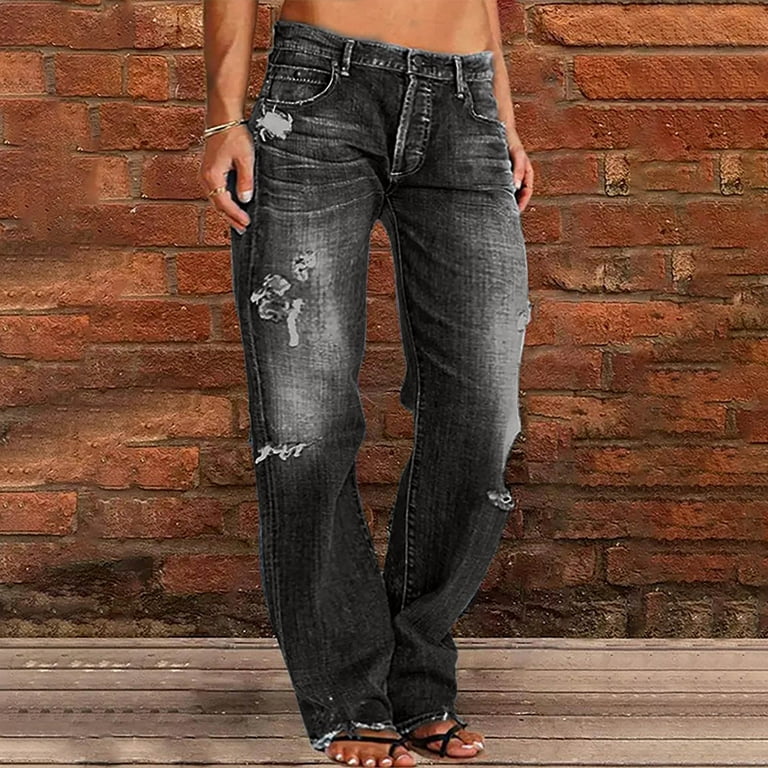 Cethrio Jeans for Women- Fashionable Pockets Straight Casual Gray Womens  long pants Size XS