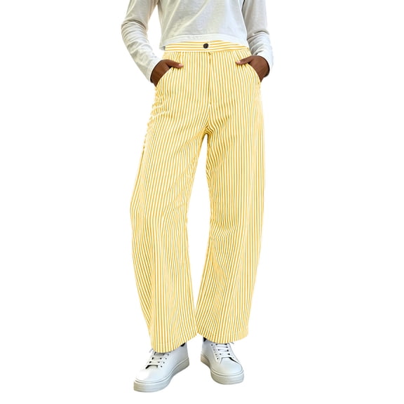 HBYJLZYG Women's High Waist Striped Barrel Leg Pants with Button Fly and Side Pockets, Relaxed Full Length Trousers in Lightweight Solid Color Style for Casual Wear