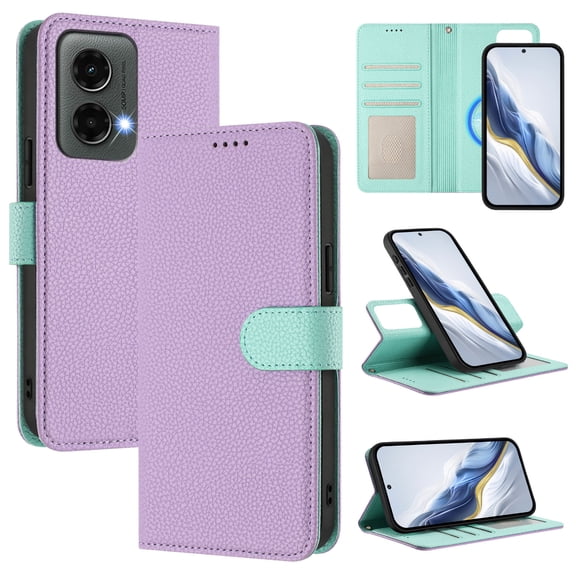 2 In 1 Wallet Case for Motorola Moto G Play 4G 2024, Lychee Texture PU Leather Wallet Case with ID Credit Card Holder Slots Folio Flip Kickstand Detachable Magnetic Phone Cover & Wrist Strap, Purple