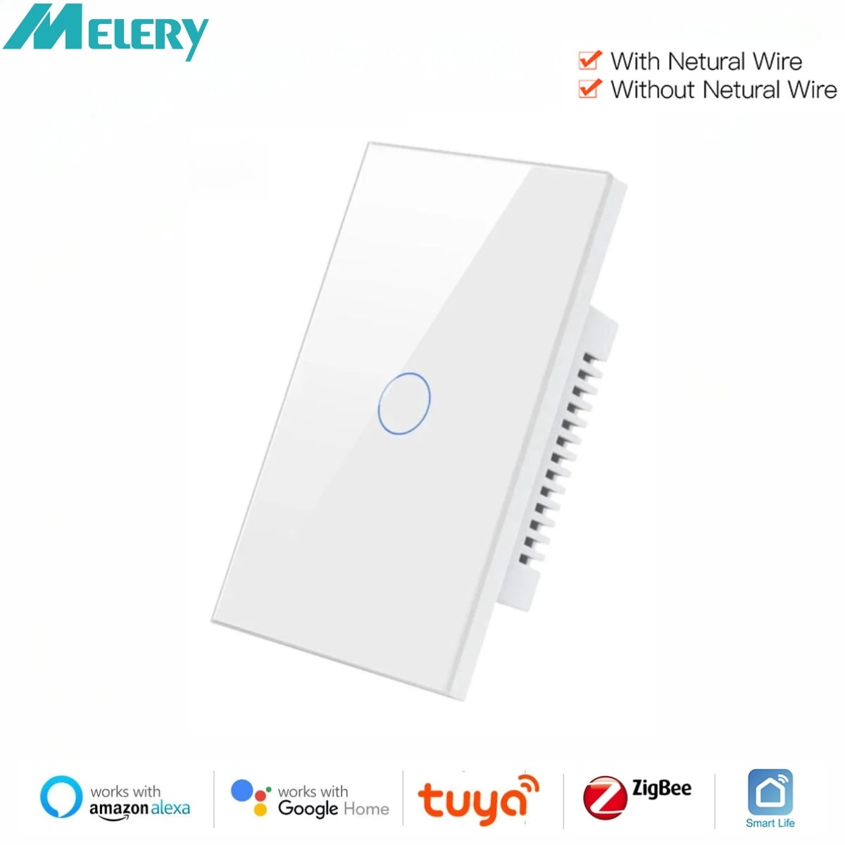 Melery Tuya Zigbee Smart Light Switch Neutral Wire Optional Touch Sensor Tempered Glass Panel Remote Control Works with Smart Home Assistants