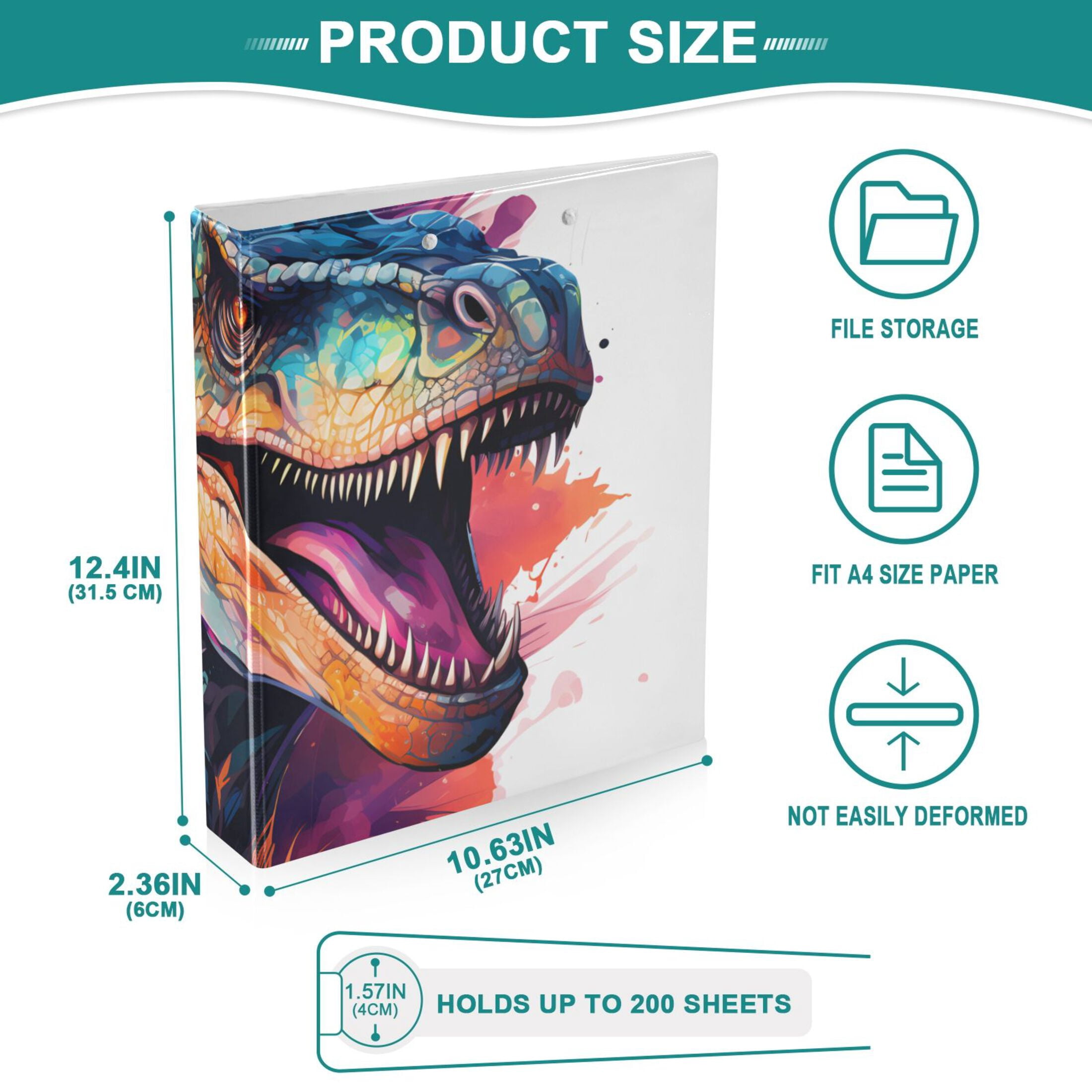 Dinosaur Colorful 3 Ring Binders 1.5 inch Hardcover File Folders with Interior Pockets A4 Size Organizer for School Office Hospital