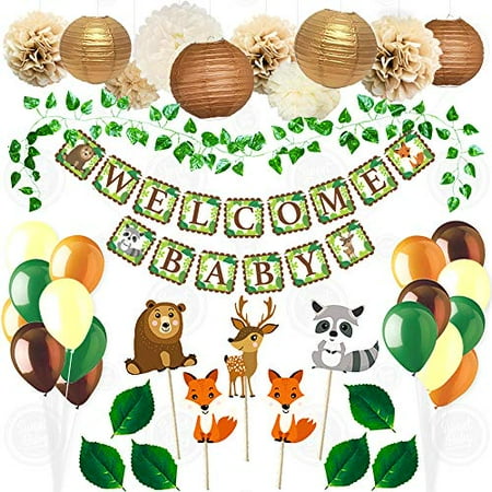 Sweet Baby Co Woodland Baby Shower Decorations Animals Theme Neutral Party Supplies For Boy Or Girl With Welcome Banner Forest Fox Animal Creatures Greenery For Garland Lanterns Pom Pom Balloons Walmart