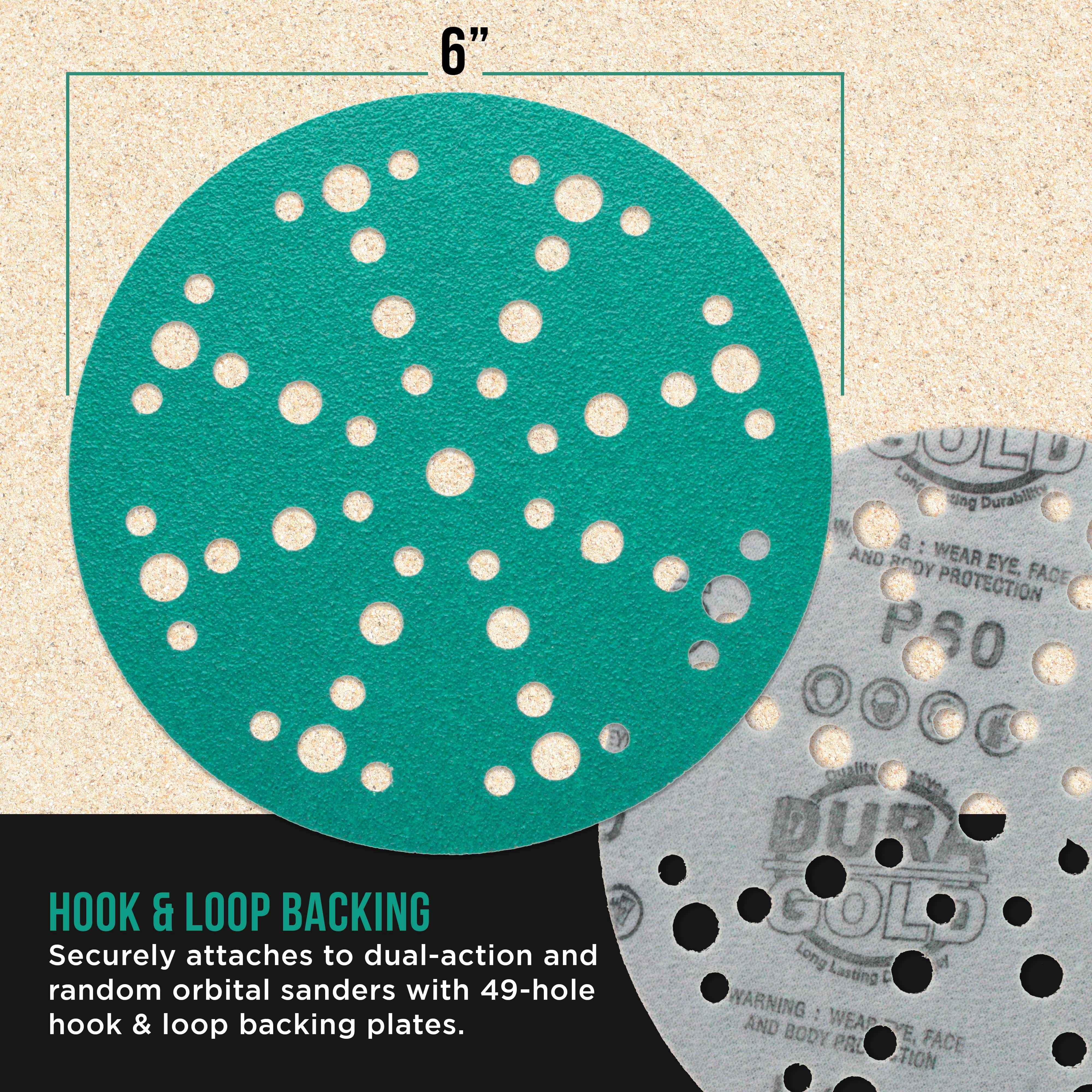 Dura-Gold Premium 40 Grit 6" Green Film Sanding Discs, 49-Hole Pattern, Box of 25 - Heavy-Duty Dustless Hook & Loop Backing Sandpaper for DA & Random Orbital Sanders, Sand Auto Paint, Wood Furniture