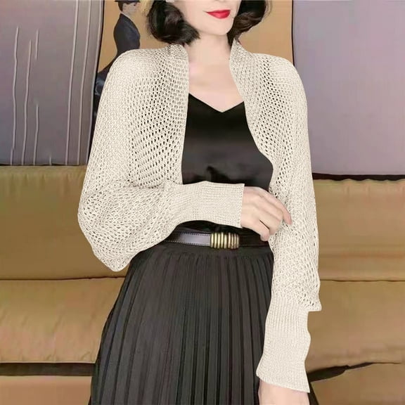 Nfurl Cropped Cardigans for Women Bolero Shrug Hollow Out Crochet Cardigan Lightweight Long Sleeve Open Front Kint Cardigans Beige Free Size