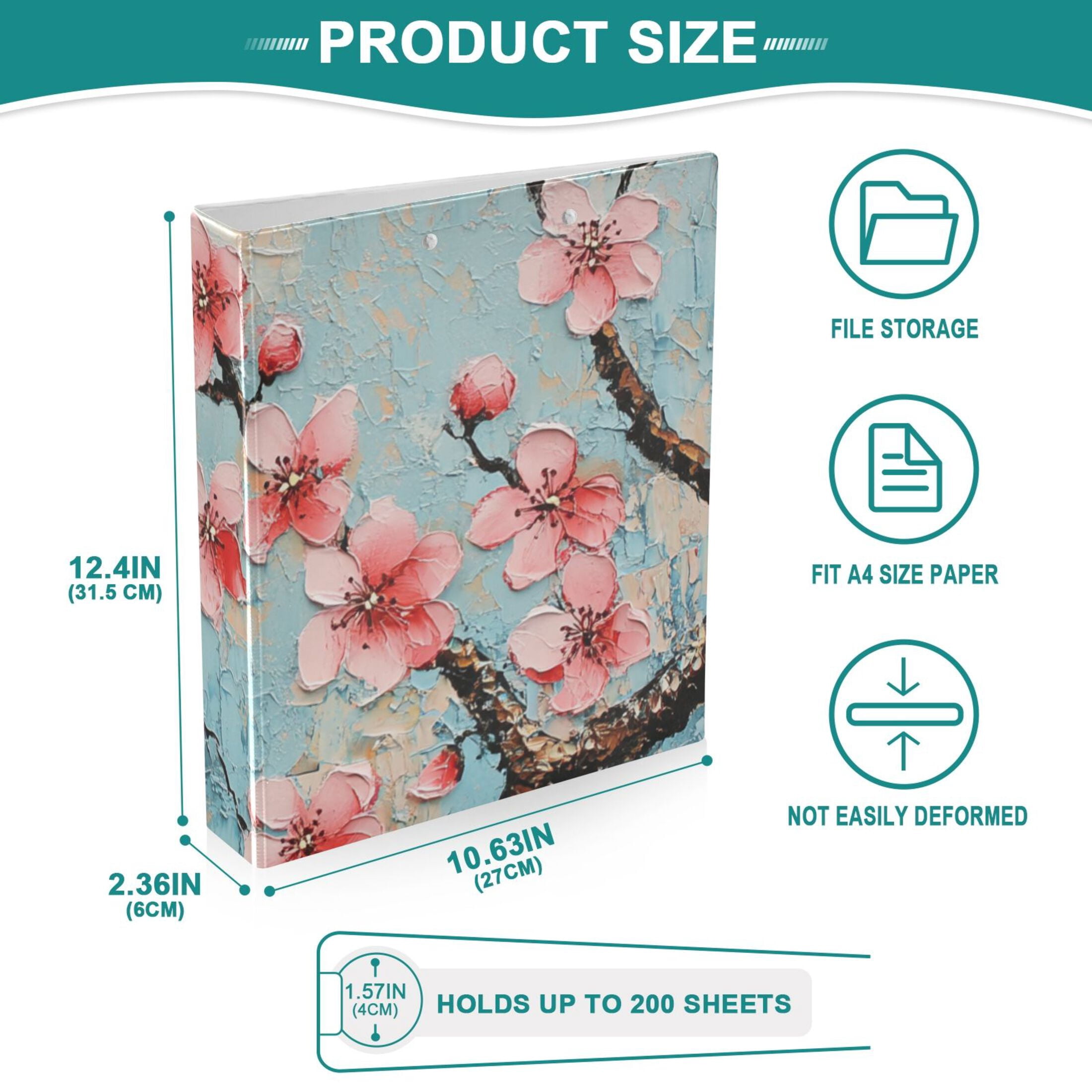 Cherry Flowers Painting 3 Ring Binders 1.5 inch Hardcover File Folders with Interior Pockets A4 Size Organizer for School Office Hospital