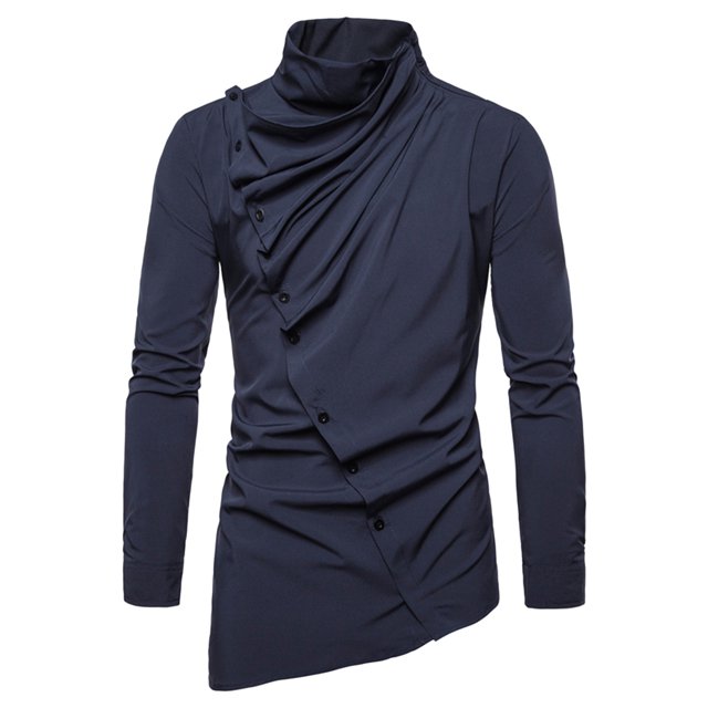 Camisas Negras Para Hombre Camisa informal de manga larga con solapa inclinada asimétrica de Color sólido informal a la moda para hombre (Navy, XXL)