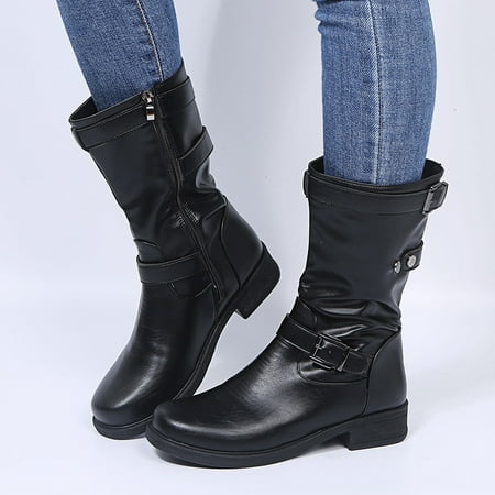 

TIANEK Retro Zipper Square Heel Solid Color Middle Tube Round Toe Cowgirl Boots Women