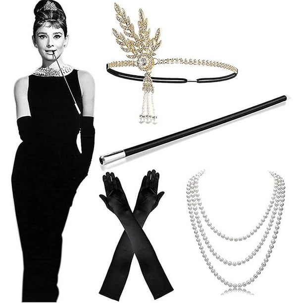 Juego De Accesorios De Los Años 20 Para Mujer – Set Flapper Con Diadema, Aretes Colgantes, Guantes De Elástico Y Collar De Perlas, Ideal Para Fiestas Temáticas Y Halloween