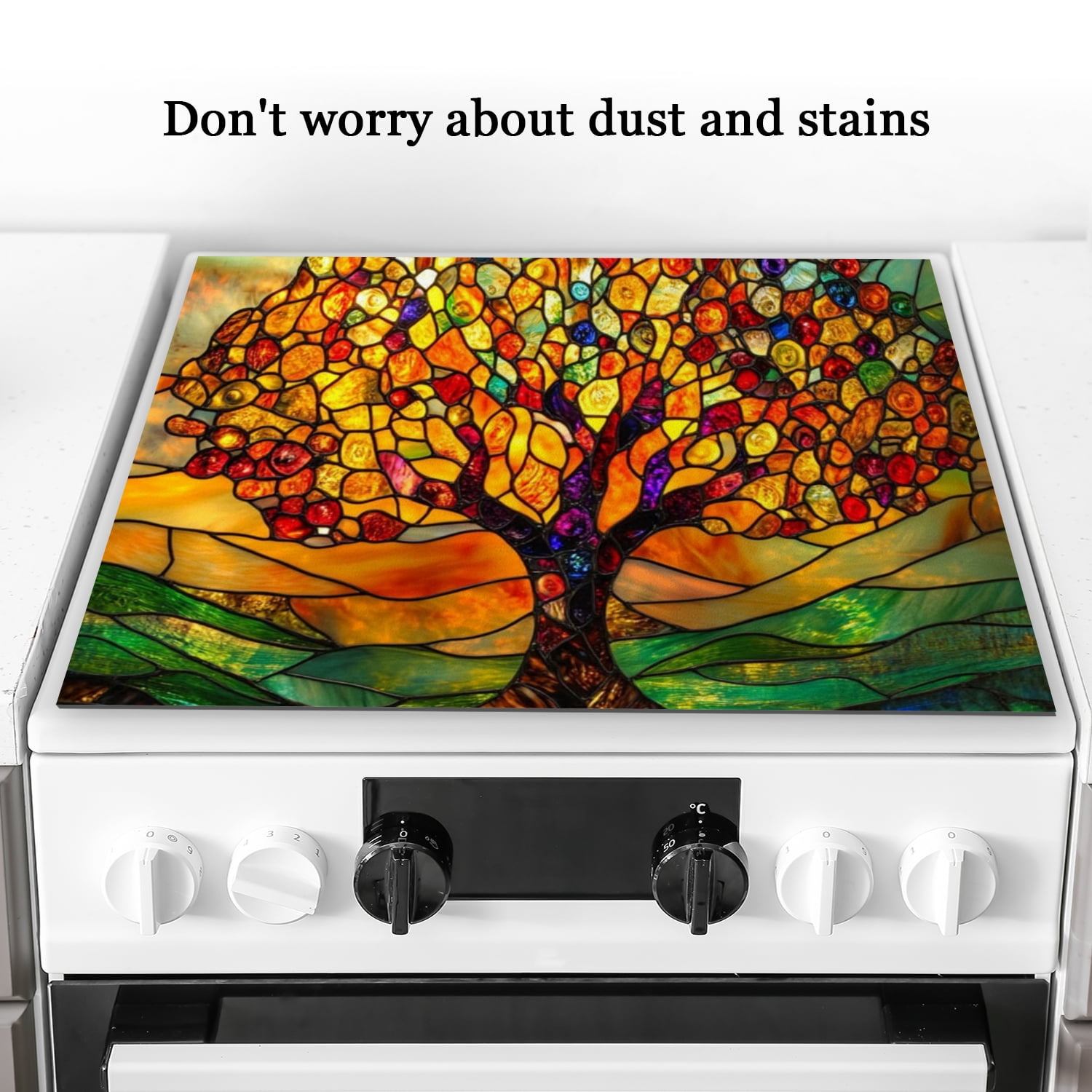 Square Ceramic/Glass Stove Top Cover, Gold Huge Tree of Life Pattern Heat Resistant Glass Induction Cooktop Protector Mat, Waterproof Dustproof Oilproof Pad for Kitchen RV (28×20 Inch)