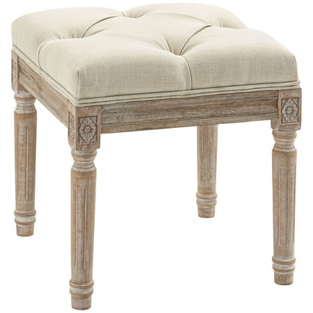 Homiyad 16" Vintage Ottoman, Tufted Foot Stool with Upholstered Seat, Rustic Wood Legs for Bedroom, Living Room, Beige