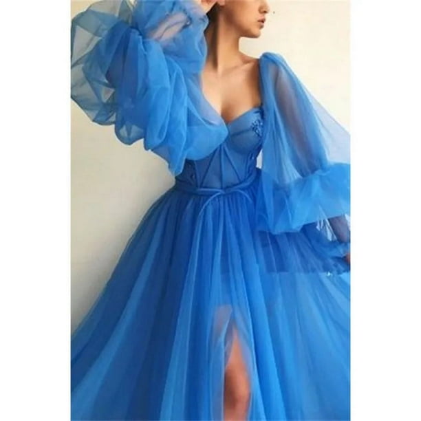 Simple Blue Prom Dresses Long Puff Sleeves Exposed Boning Illusion Evening Dresses High Slit Tulle A Line Formal Gowns Walmart