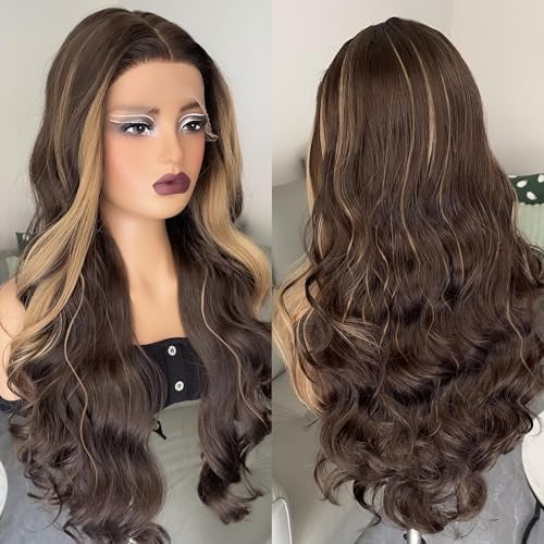 Honey Brown Synthetic Lace Wig With Hair Balayage Brown Glueless Middle Part Lace Ombre Wig For Women