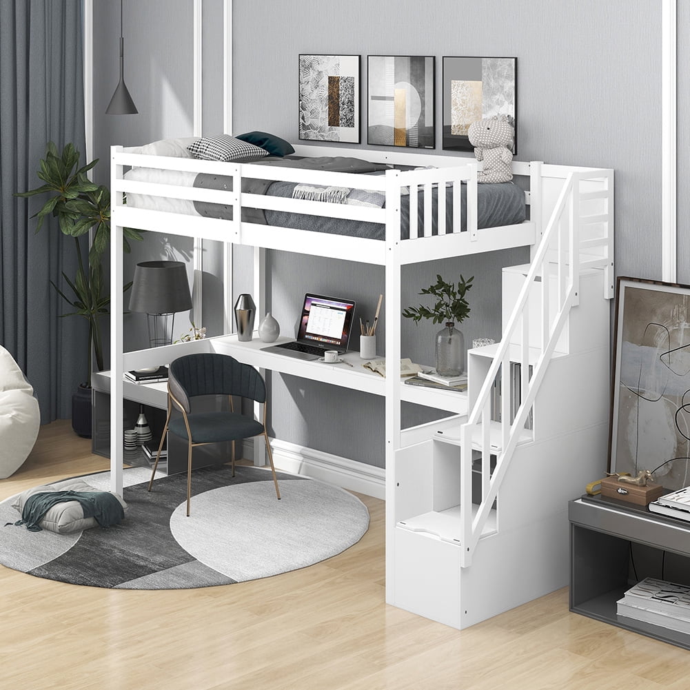 Kadyn Wooden Loft Bed with Storage Stairs, Under-bed Desk and Gaming Area, Twin, White Kadyn Wooden Loft Bed with Storage Stairs, Under-bed Desk and Gaming Area, Twin, White