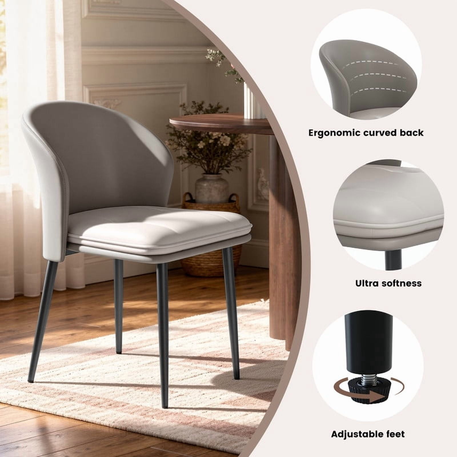 Hawsaiy Faux Leather Dining Chairs Set of 2, Modern Curved Back Upholstered Kitchen Side Chairs with Metal Legs, Gray