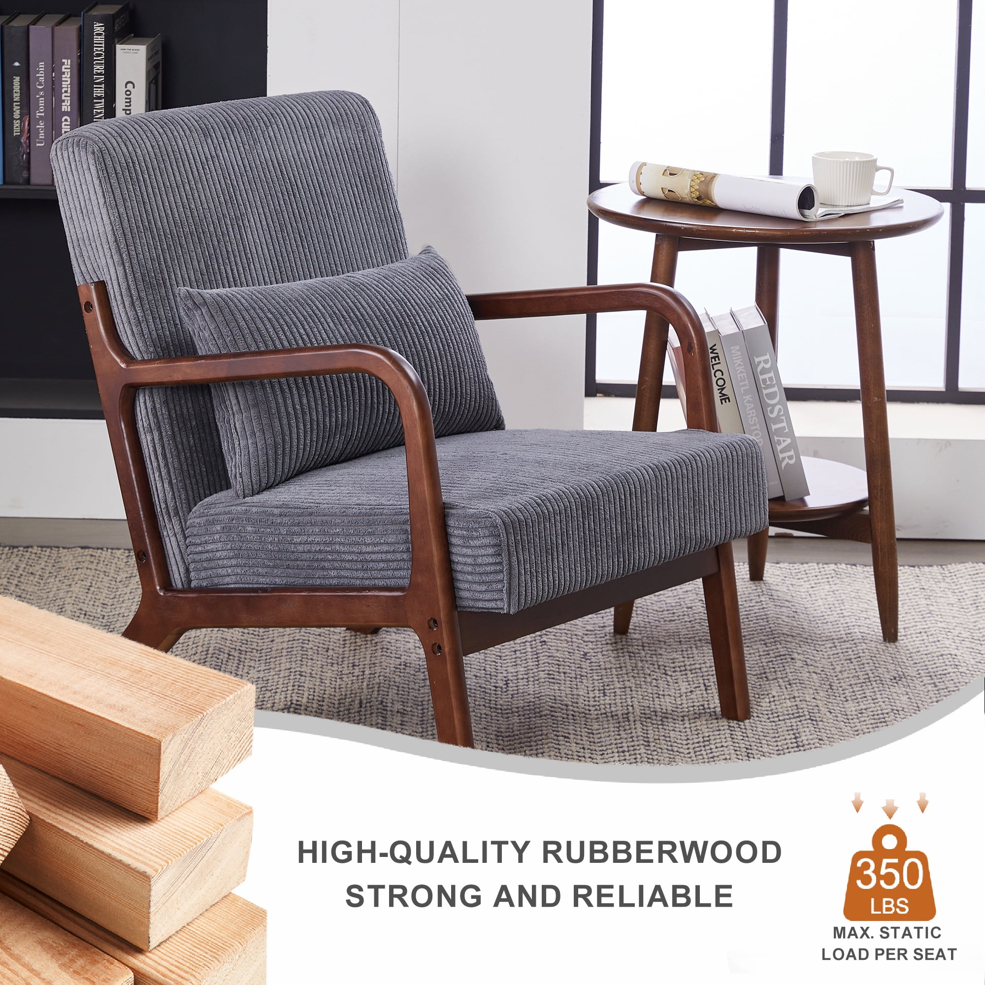HOQBN Modern Accent Chair,Upholstered Armchair with Pillow, Solid Wood Frame Reading Chair for Living Room Bedroom Balcony,Dark Grey