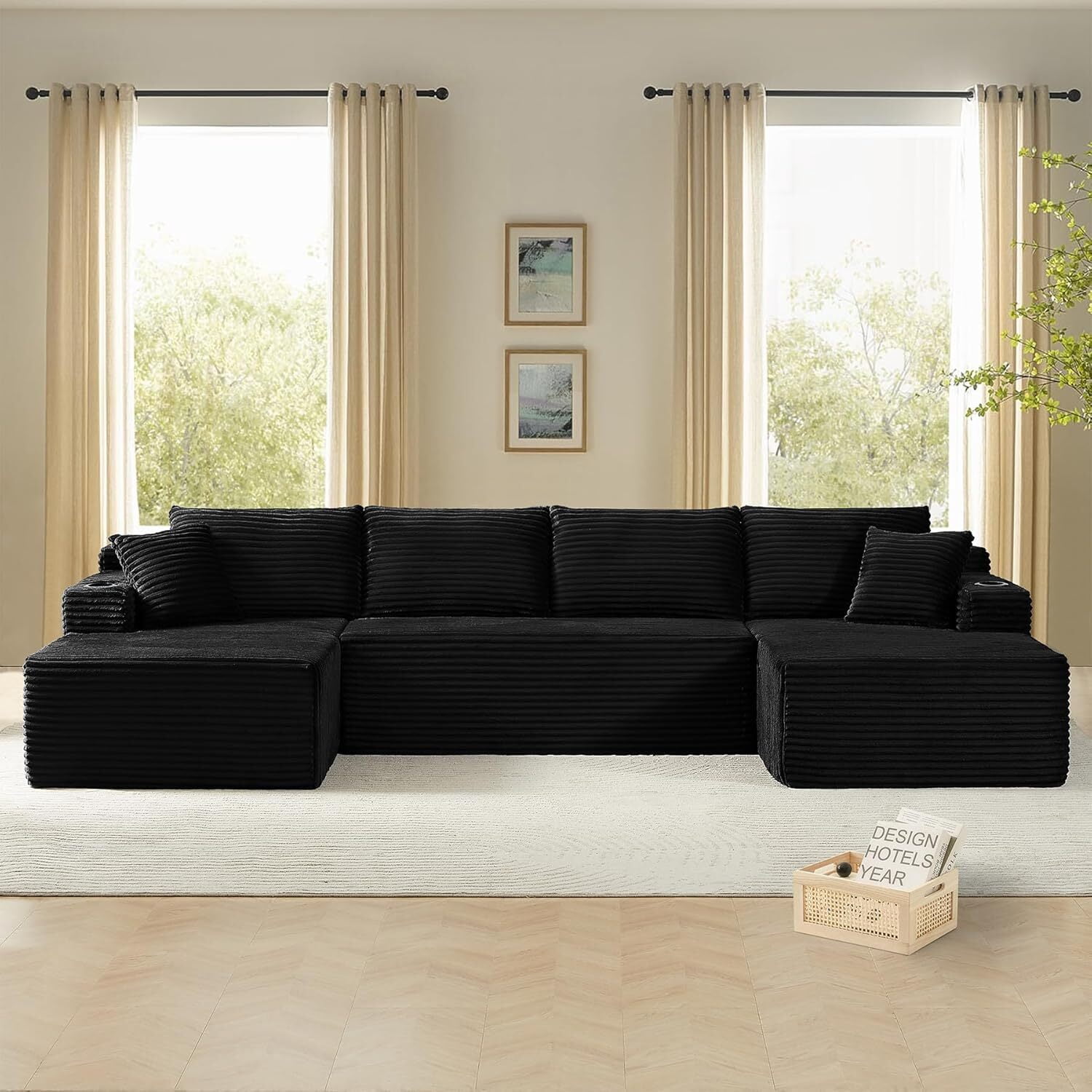 134 Inch Cloud Couch U-Shaped Modular Sectional Sofa, Deep Seat Corduroy Boneless Sofa with Cupholders & Side Storage, Modern Upholstered Couches for Living Room, No Assembly,Black