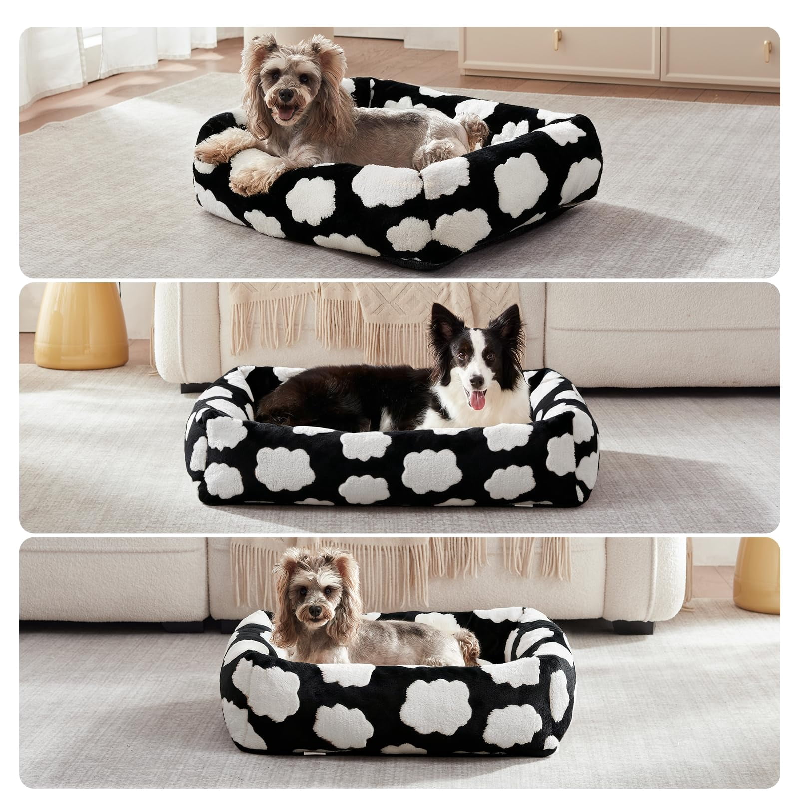 Small Dog Bed Rectangle Washable Orthopedic with Removable Zipper Cover Cozy Clouds Black-S Plus 25"x21"x7"