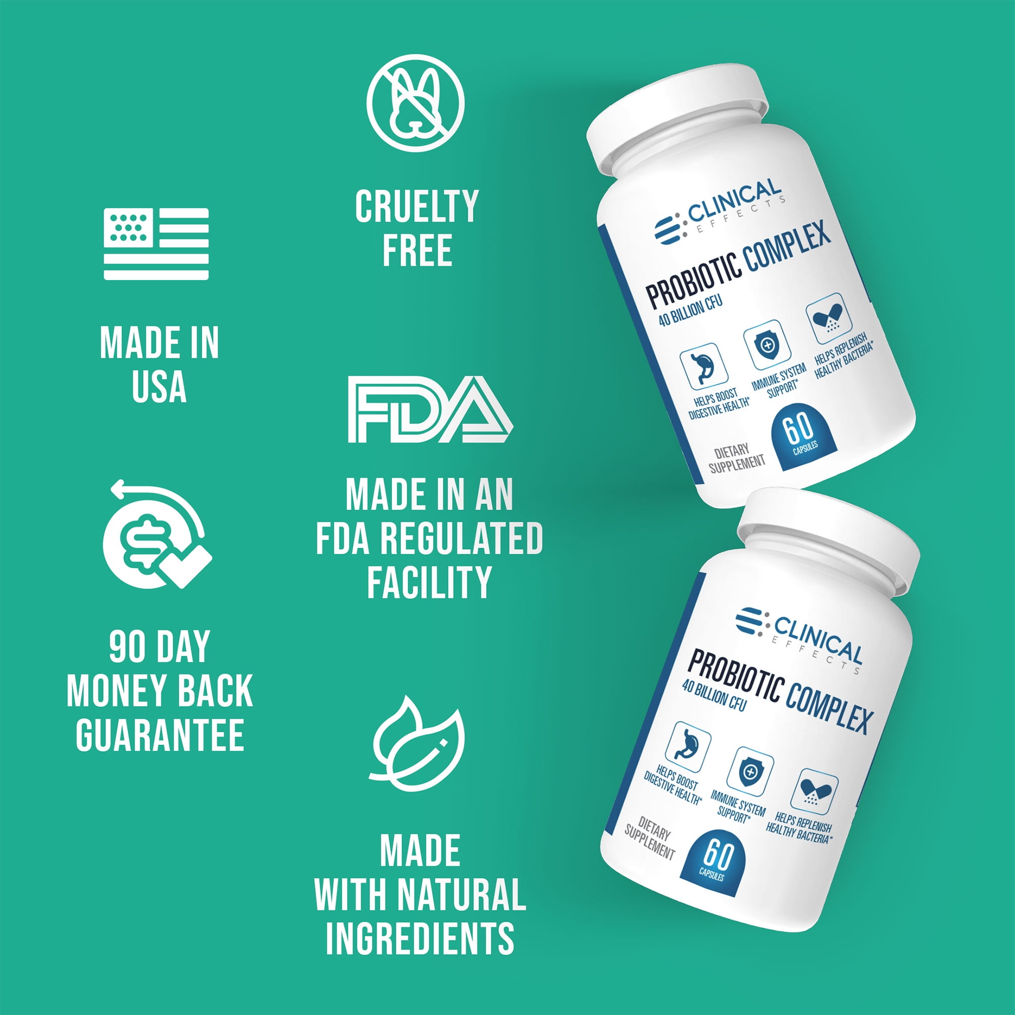 Clinical Effects Probiotic Complex - Gut Health Probiotics for Women and Men - 6 Key Organic Probiotic Strains to Support Digestion and Overall Health - 60 Veggie Probiotic Capsules - Made in The USA