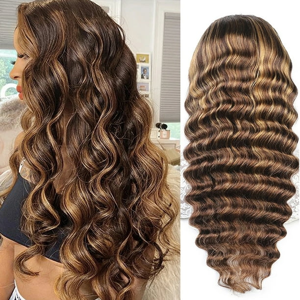 Highlight Deep Wave Lace Front Wigs Human Hair Mixed Color Curly Lace  Frontal Wigs with Baby Hair 180% Density Glueless HD Lace Closure Wigs  Brazilian Human Hair Wigs for Black Women 16-30inch -