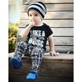 thumbnail image 2 of Infant Baby Boys Summer Outfits Black Short Sleeve Like A Boss Letter T-Shirt Tops+Plaid Long Pants Clothes Sets (Black White, 2-3 Years), 2 of 7